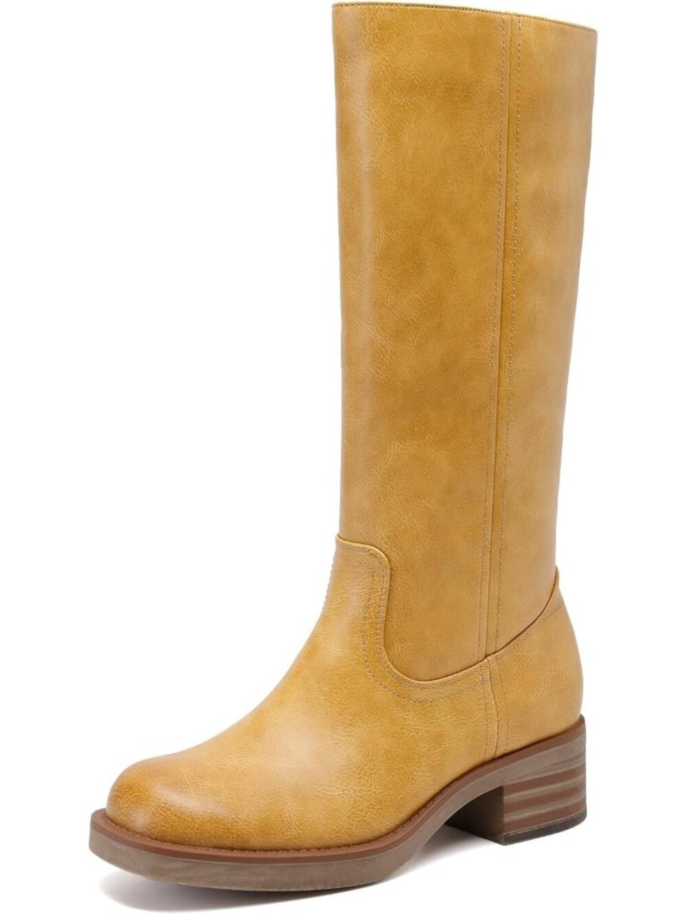 DREAM PAIRS Women's Yellow Square Toe Chunky Block Heel Knee High Riding Boots
